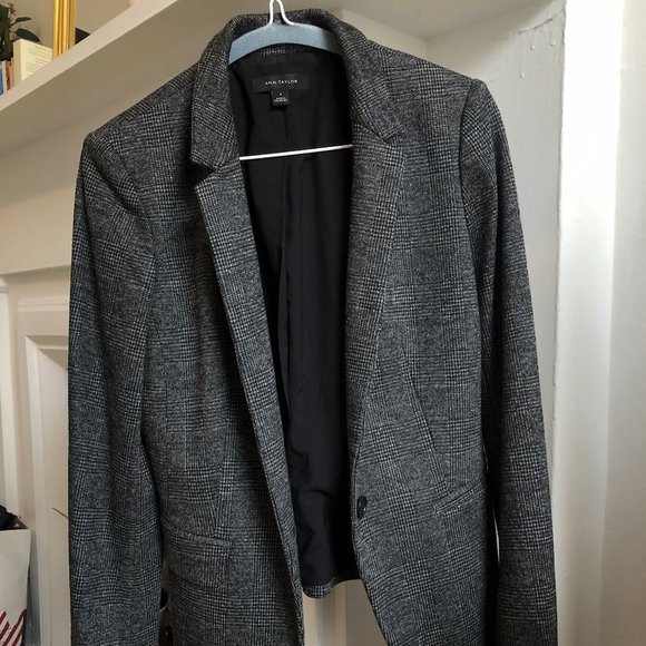SOLD! Ann Taylor Structured Wool Cotton Grey Checkered Blazer Jacket - Picture 1 of 7